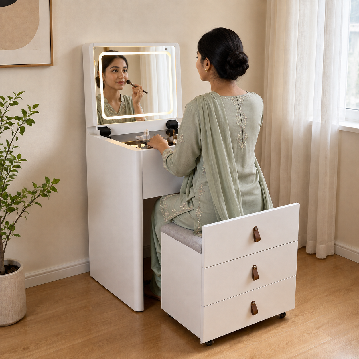 Modern LED Vanity Dressing Table with Mirror & 3-Drawer Storage Stool | Compact Makeup Desk for Bedroom