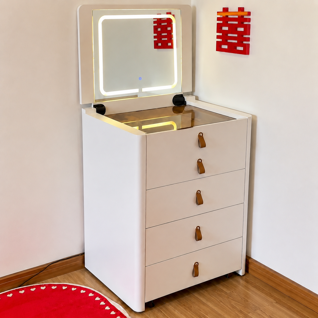 Modern LED Vanity Dressing Table with Mirror & 3-Drawer Storage Stool | Compact Makeup Desk for Bedroom
