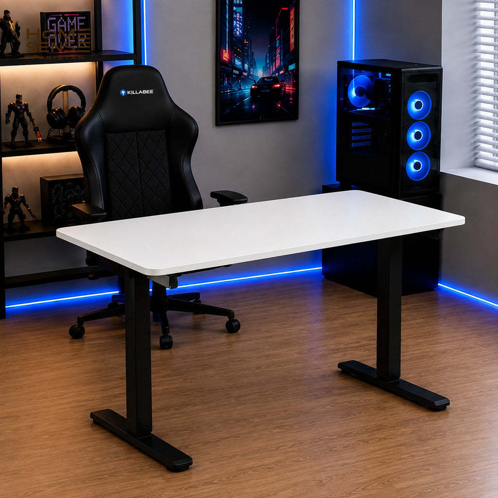 Modern Fixed-Height T-Leg Computer & Office Desk | White Top with Black Metal Frame