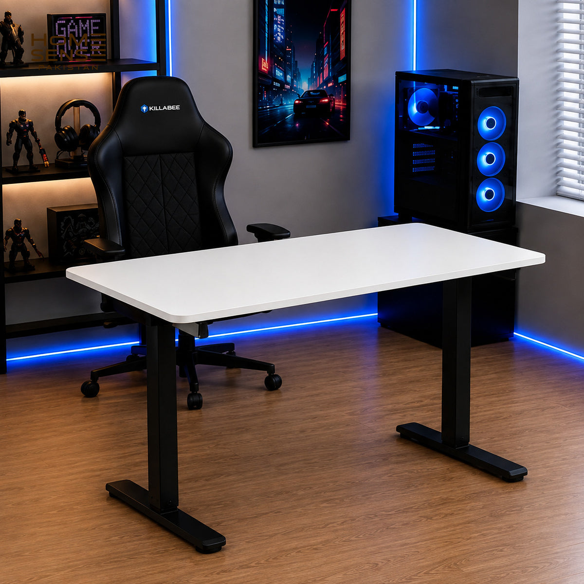 Modern Fixed-Height T-Leg Computer & Office Desk | White Top with Black Metal Frame