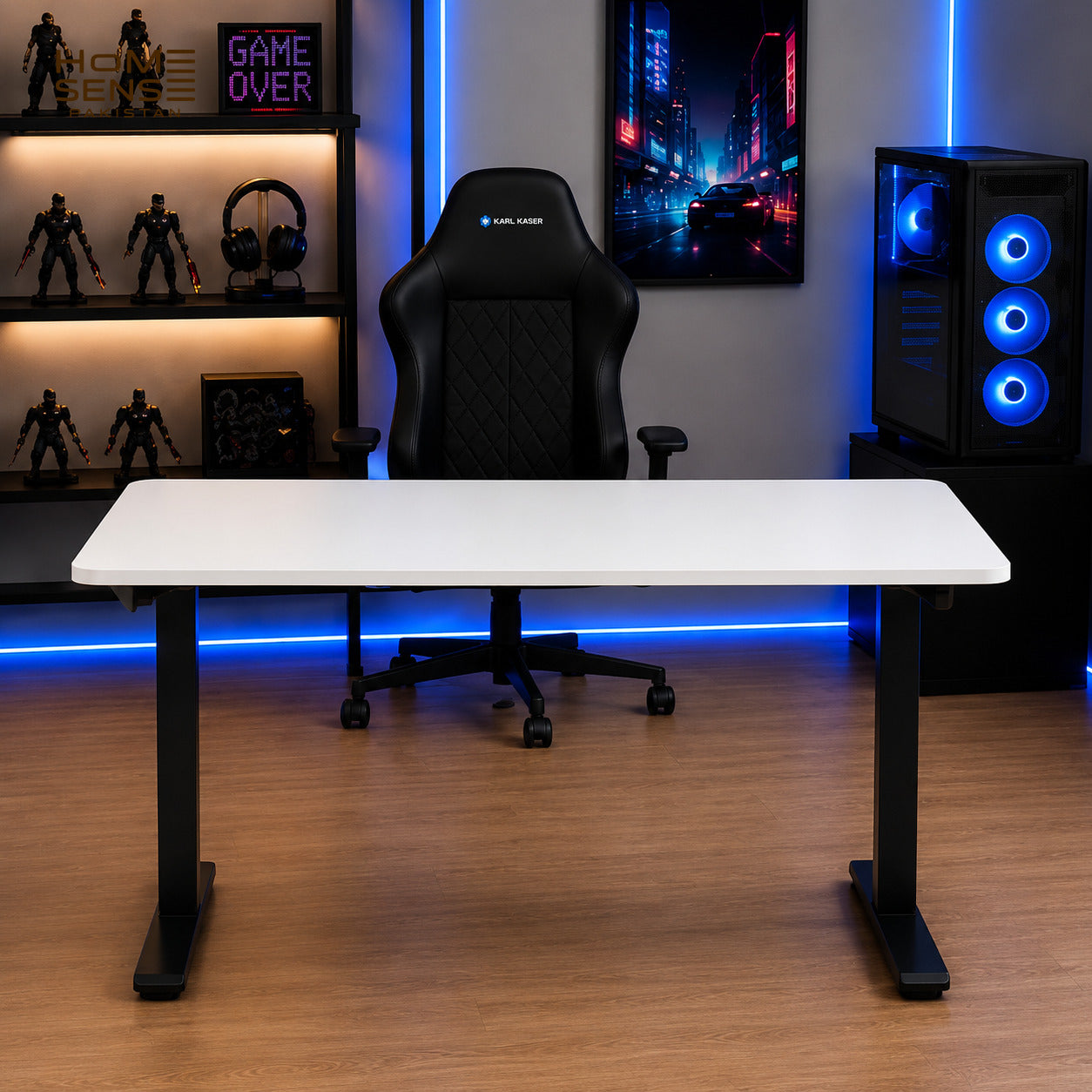 Modern Fixed-Height T-Leg Computer & Office Desk | White Top with Black Metal Frame