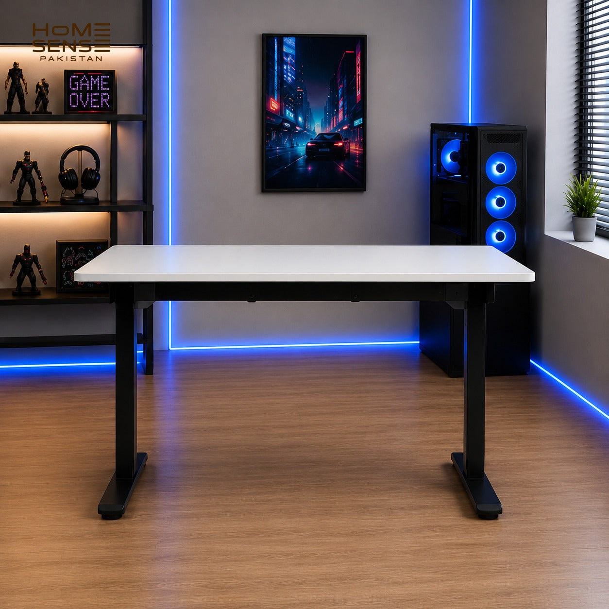 Modern Fixed-Height T-Leg Computer & Office Desk | White Top with Black Metal Frame