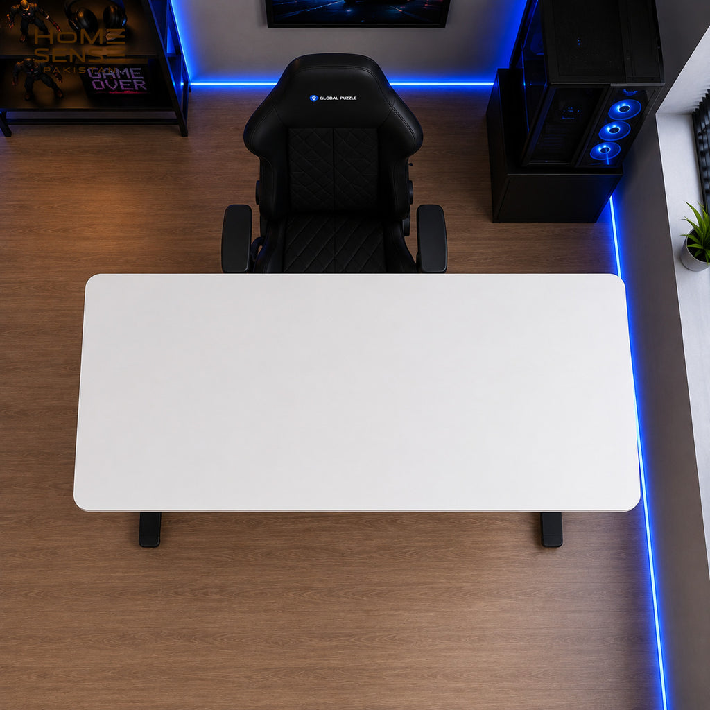 Modern Fixed-Height T-Leg Computer & Office Desk | White Top with Black Metal Frame
