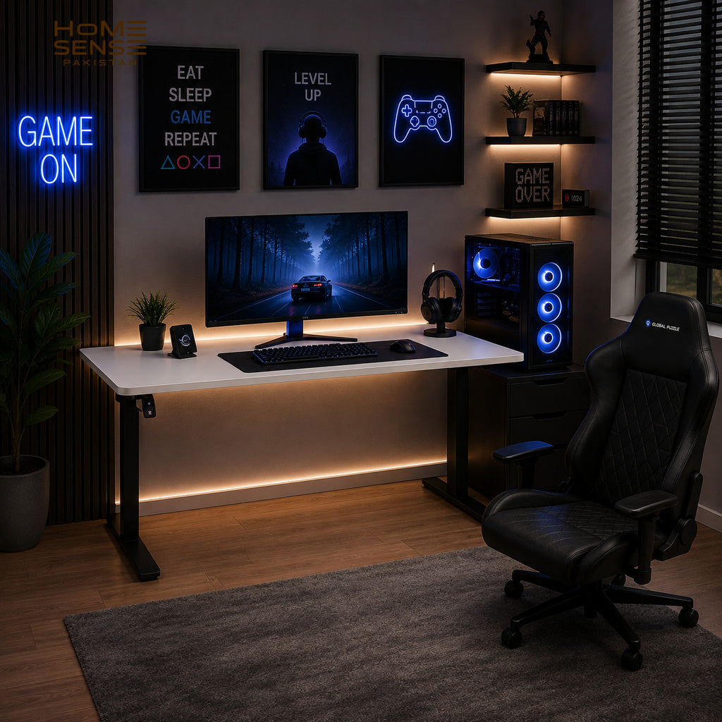 Modern Fixed-Height T-Leg Computer & Office Desk | White Top with Black Metal Frame