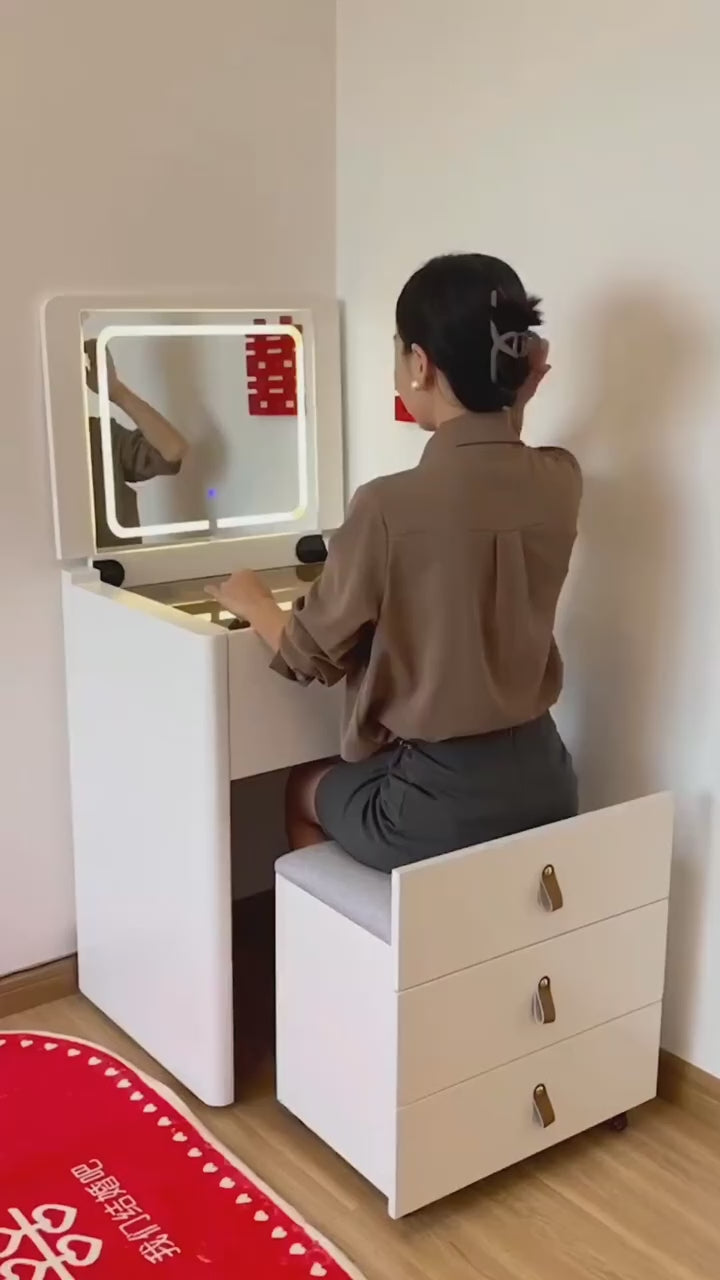 Modern LED Vanity Dressing Table with Mirror & 3-Drawer Storage Stool | Compact Makeup Desk for Bedroom